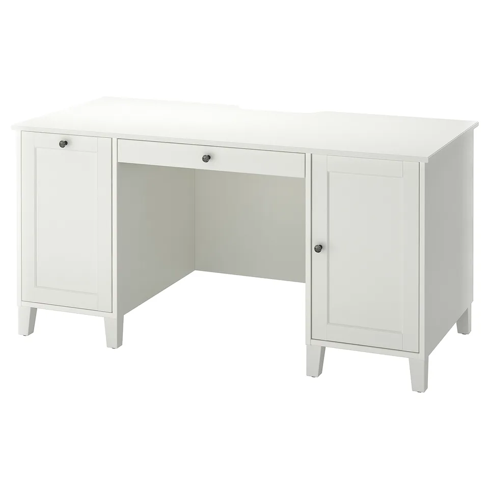 A white IDANÄS desk with cabinet storage, designed for home offices. It a smooth surface, soft-closing drawers, and a timeless, functional design.