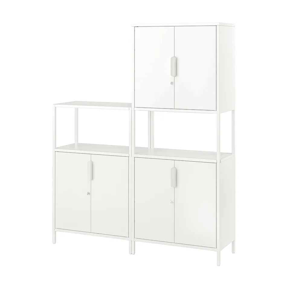 White metal cabinet with adjustable shelves and lock.