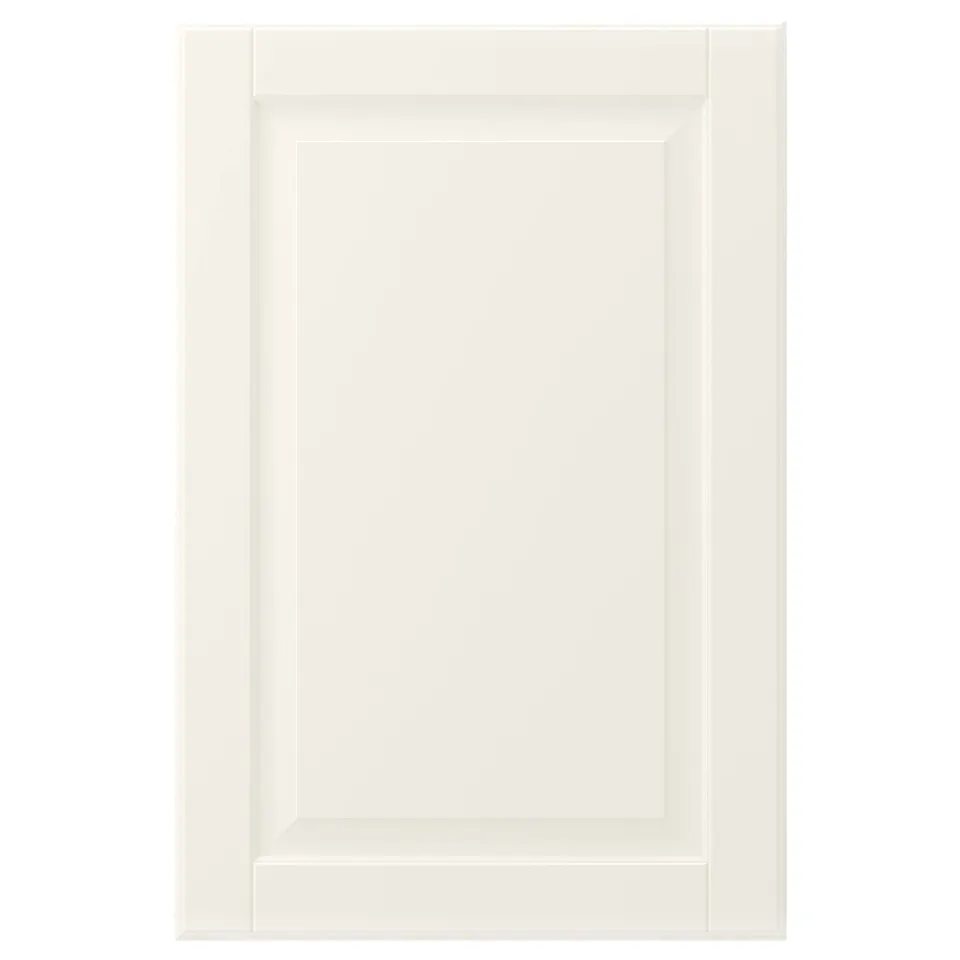 Off-white BODBYN cabinet door, bevelled panels, rectangular.