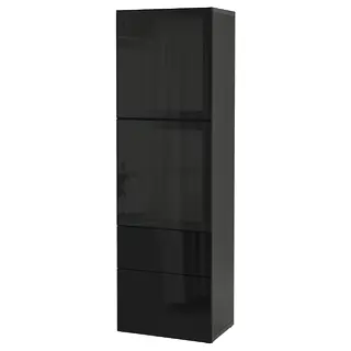 BESTÅ storage combination w glass doors, black-brown/Selsviken high-gloss/black smoked glass, 60x42x193 cm