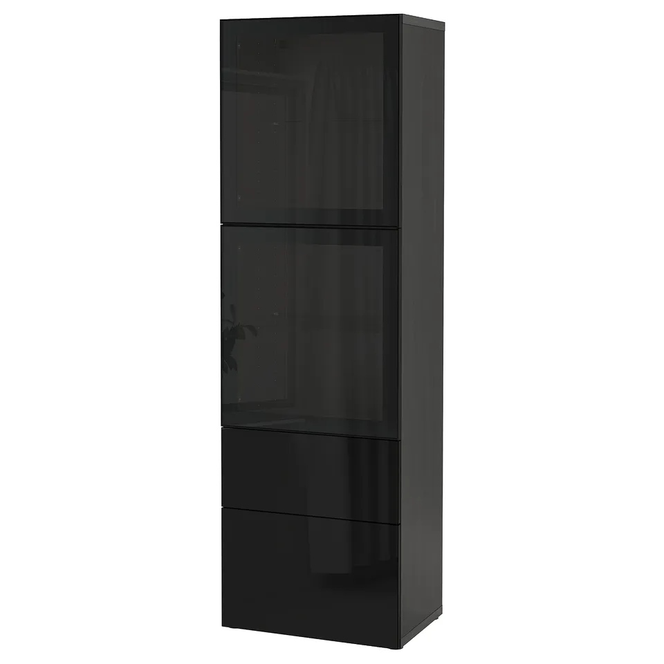 Black BESTÅ cabinet, tall with glass doors, sleek design for storage.