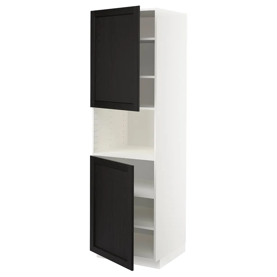 White kitchen cabinet with black stained door, square shape, and three shelves.