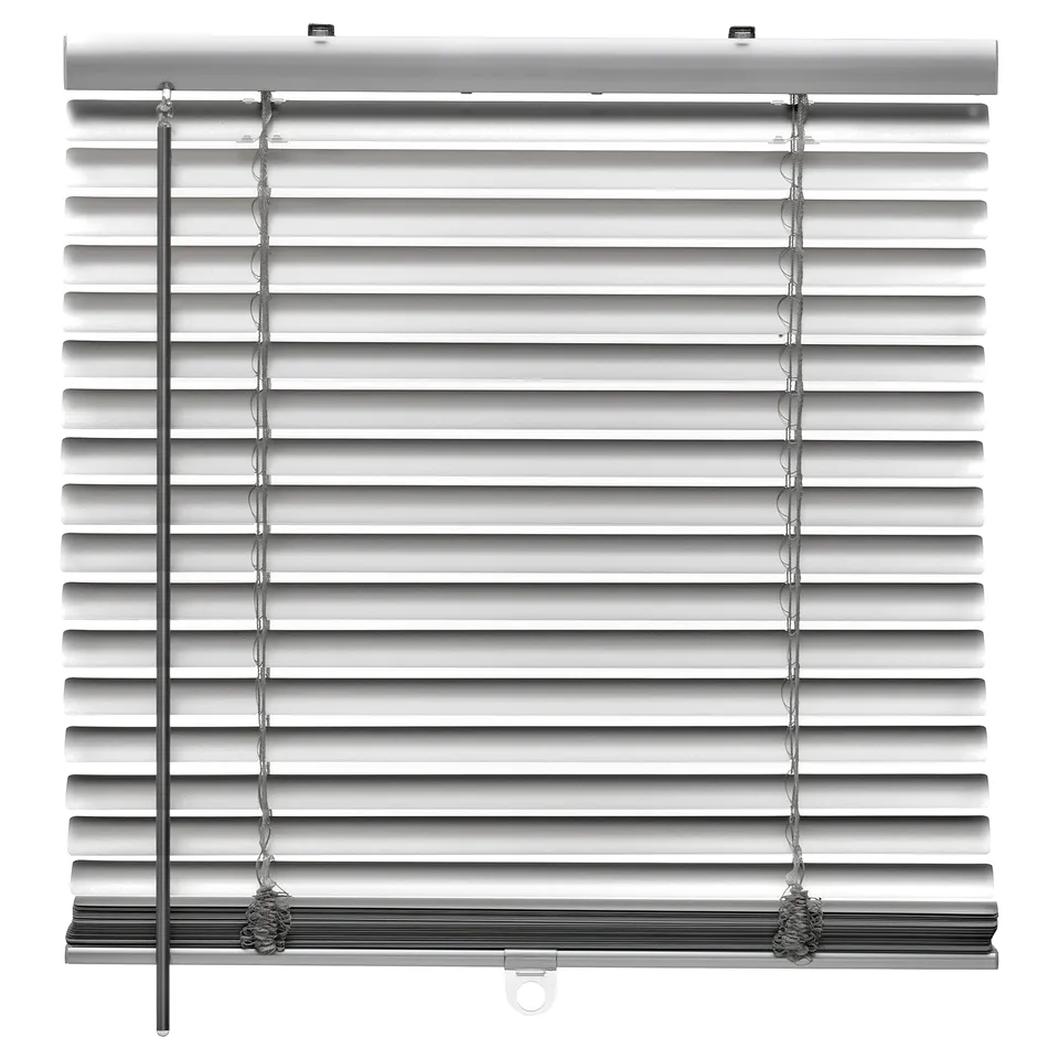 White venetian blinds, closed, with cordless tilt, sleek aluminium design.