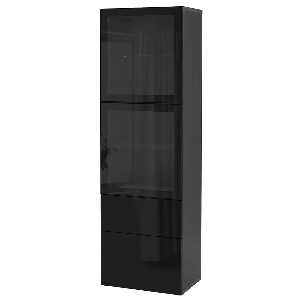 A black BESTÅ storage cabinet with glass doors, featuring shelves and drawers for both display and storage.
