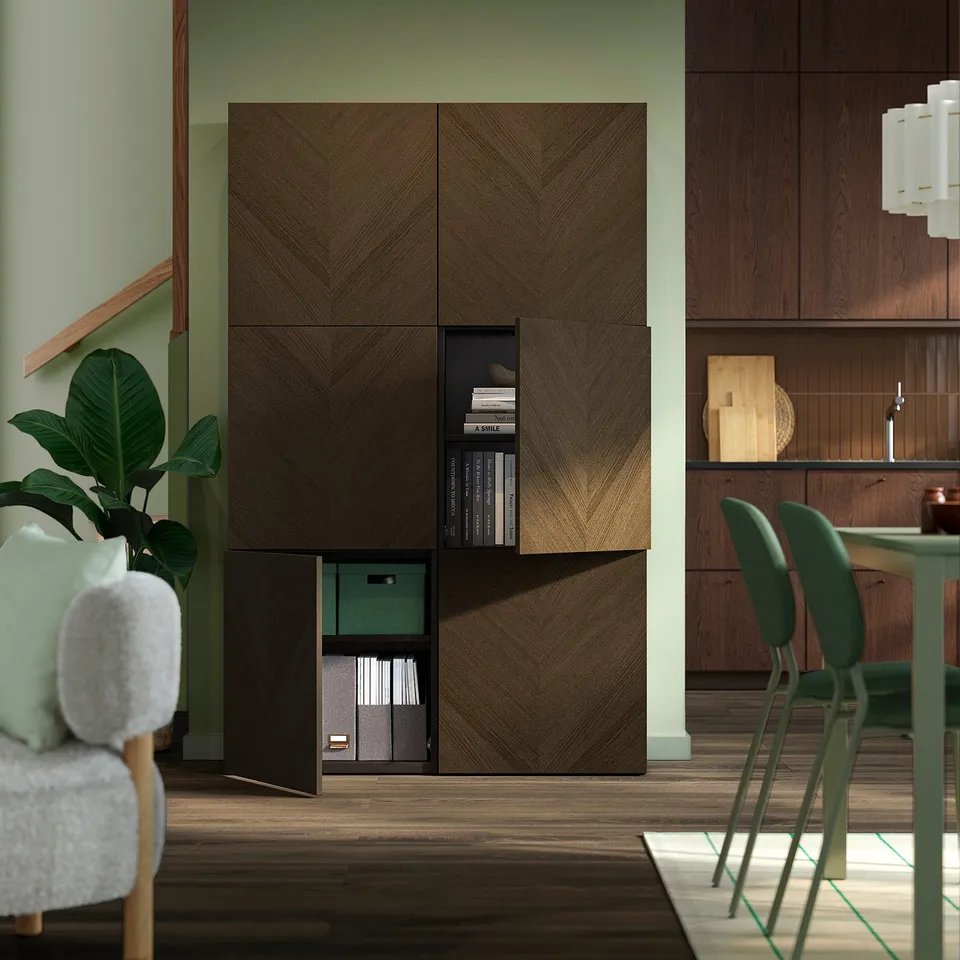 BESTÅ Storage combination with doors, black-brown/Hedeviken brown stained oak veneer, 120x42x193 cm