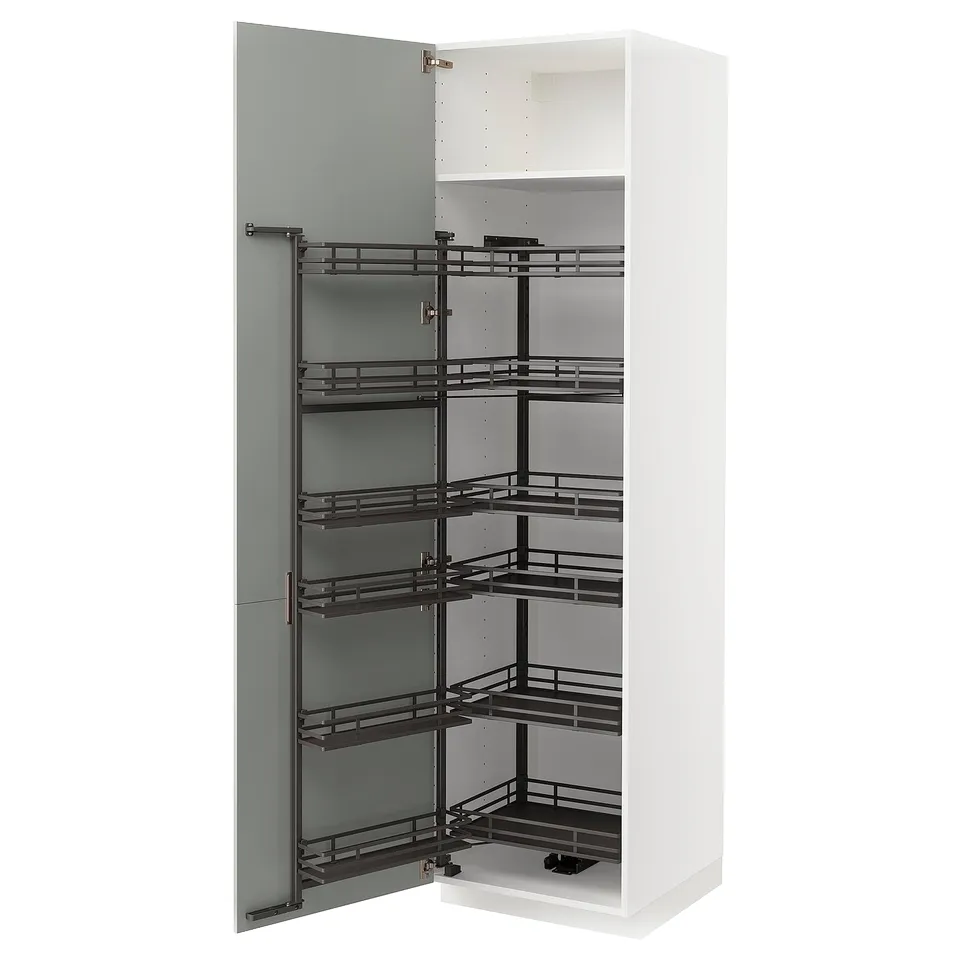 Open white kitchen cabinet with multiple black pull-out racks.