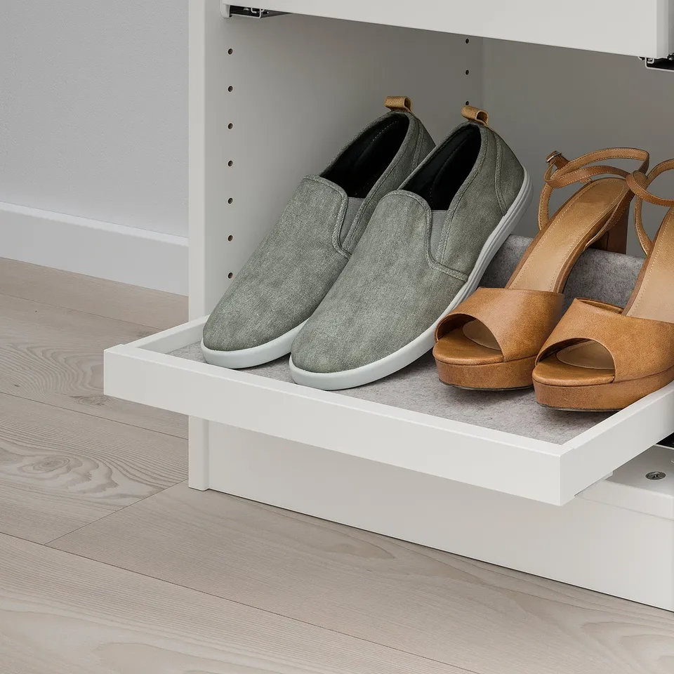 White shelf with pull-out tray holding grey trainers and brown sandals.