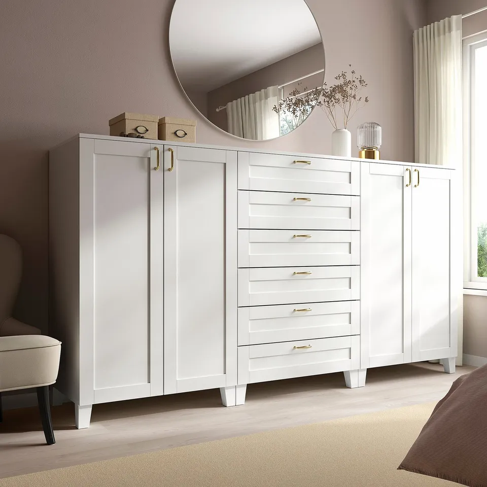 SANNIDAL white dresser with drawers & doors. Classic design, tall, fits well in large rooms.