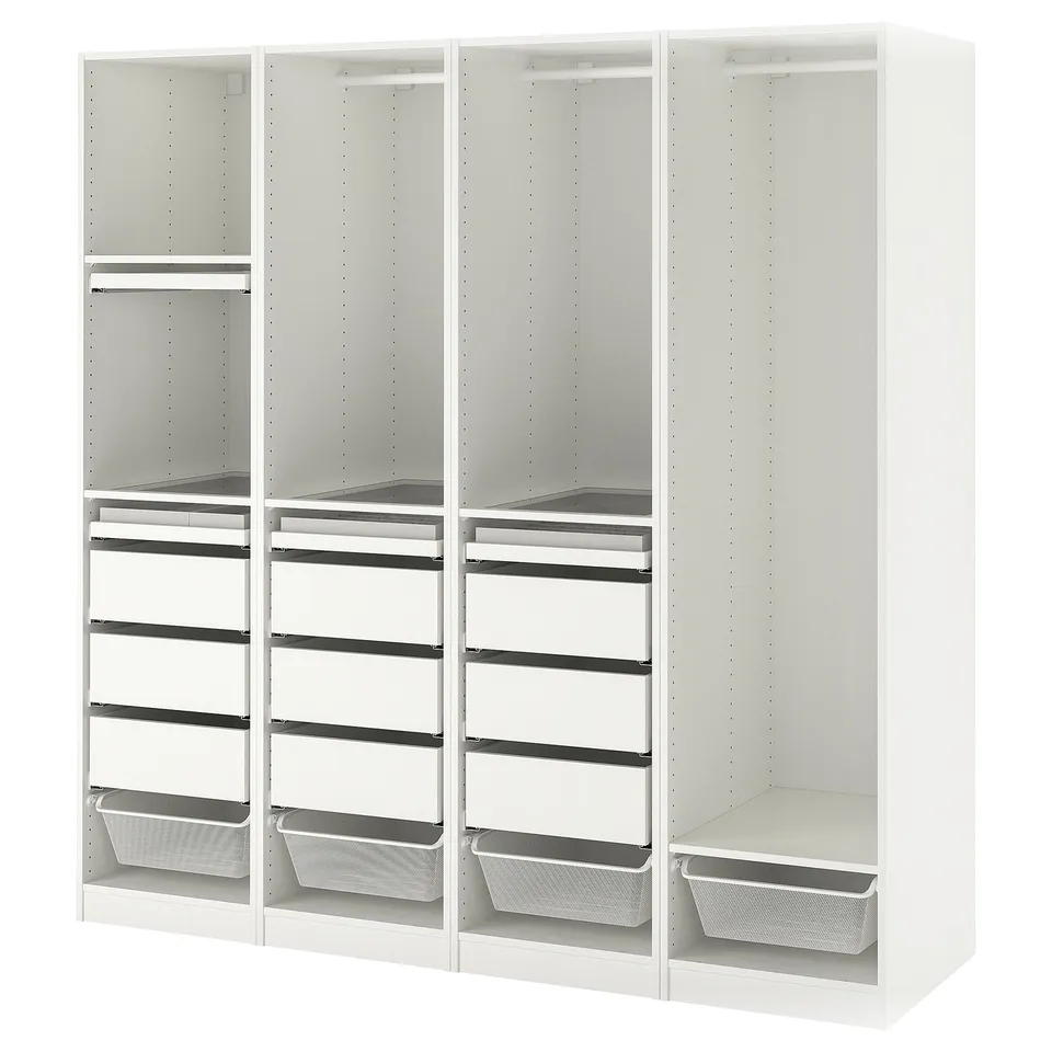 An ikea PAX white wardrobe, featuring both shelves and drawers for storage.