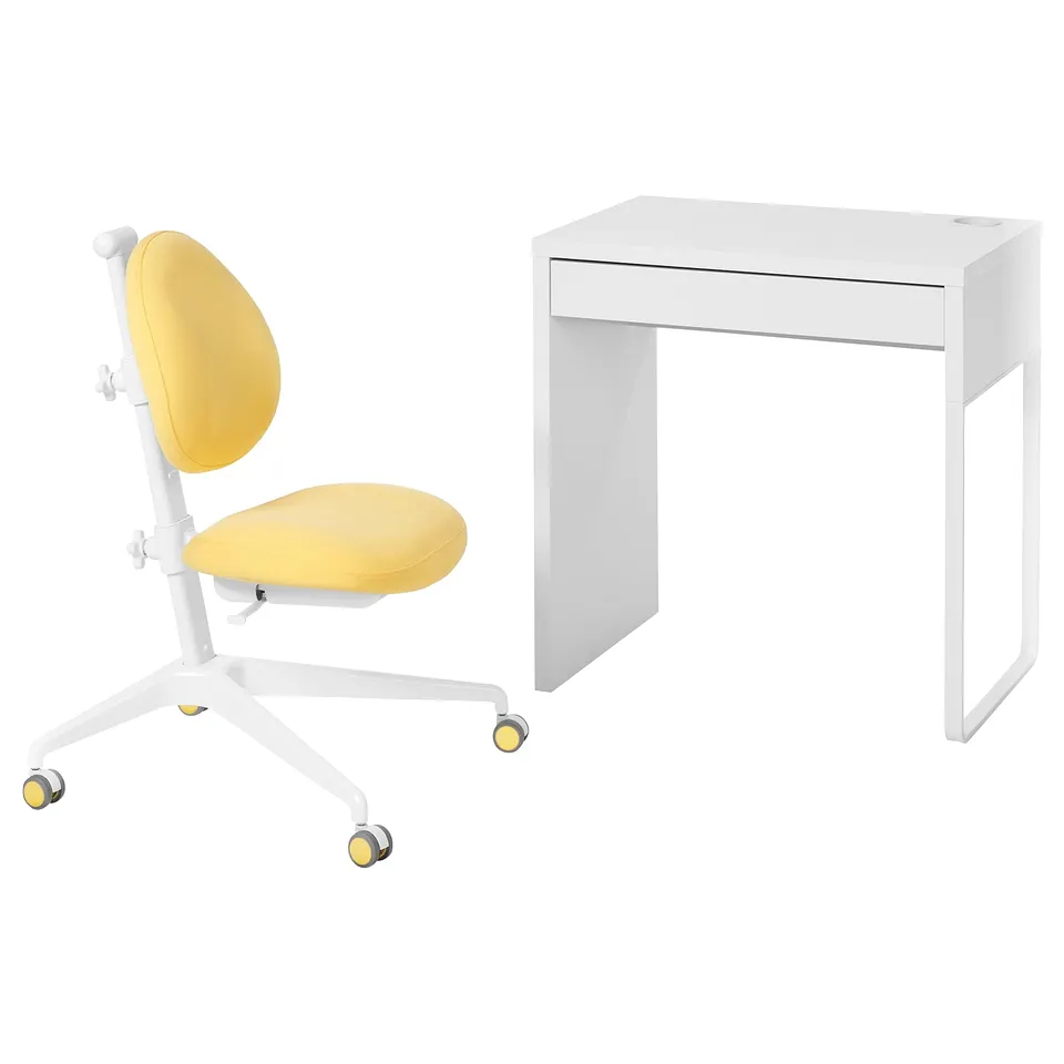 Modern kids desk & yellow chair set. White desk, single drawer, rounded edges & wheels. Chair has yellow seat/back, white metal base.