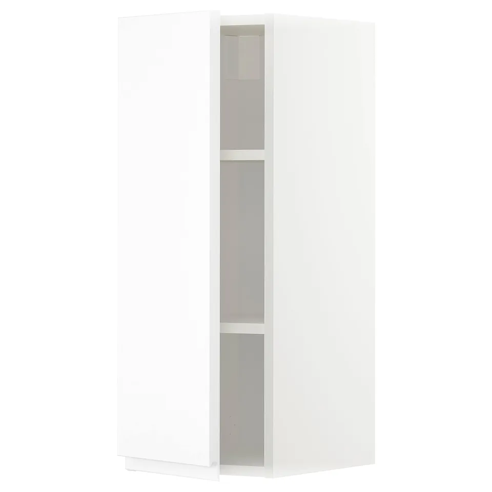 Modern white kitchen cabinet, tall, minimalist, with three shelves.