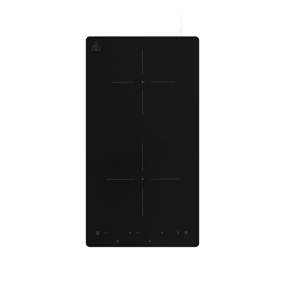 Black portable induction cooktop with two zones and touch controls.
