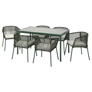 SEGERÖN table+6 chairs w armrests, outdoor, dark green/Frösön/Duvholmen beige, 147 cm