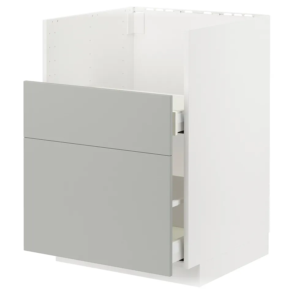 A light grey METOD kitchen cabinet with two drawers. The cabinet has a modern, minimalist design with a steel frame.