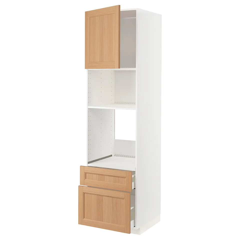 Modern white METOD kitchen cabinet with oak doors and drawer, natural wood grain.