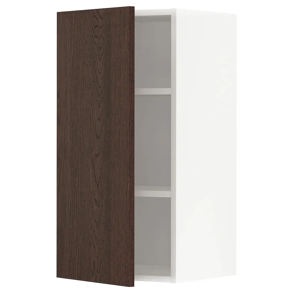 Dark brown wooden door cabinet, white frame, adjustable shelf.