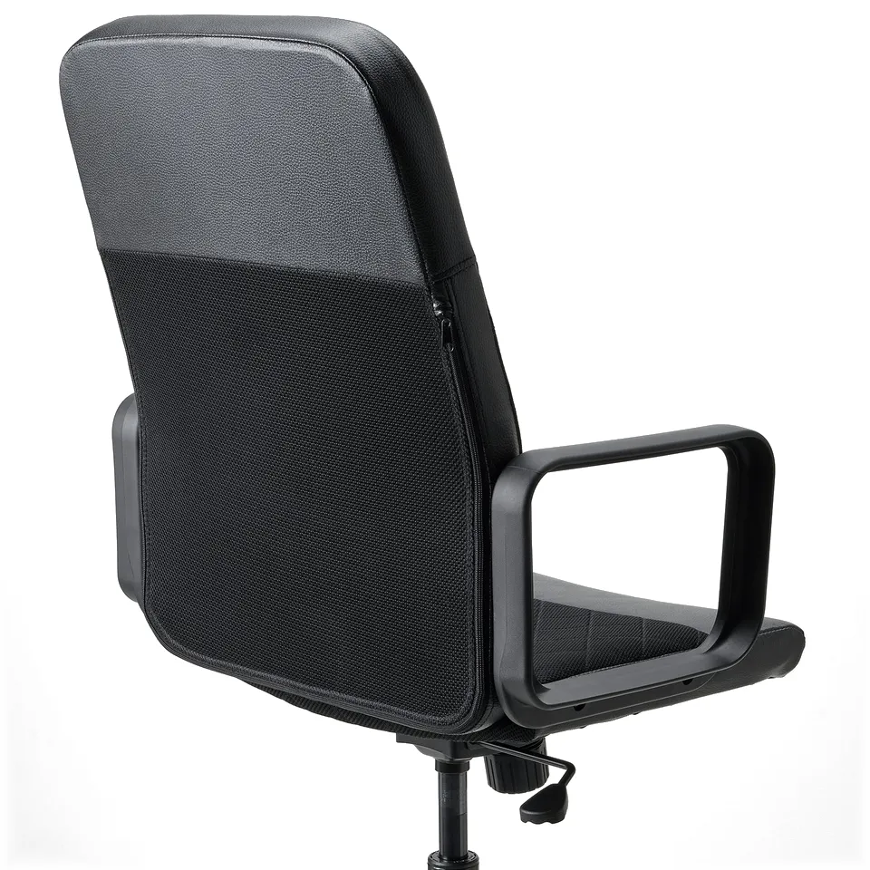 Black office chair with adjustable armrests, sturdy base, and breathable mesh back. Ideal for comfort and support.