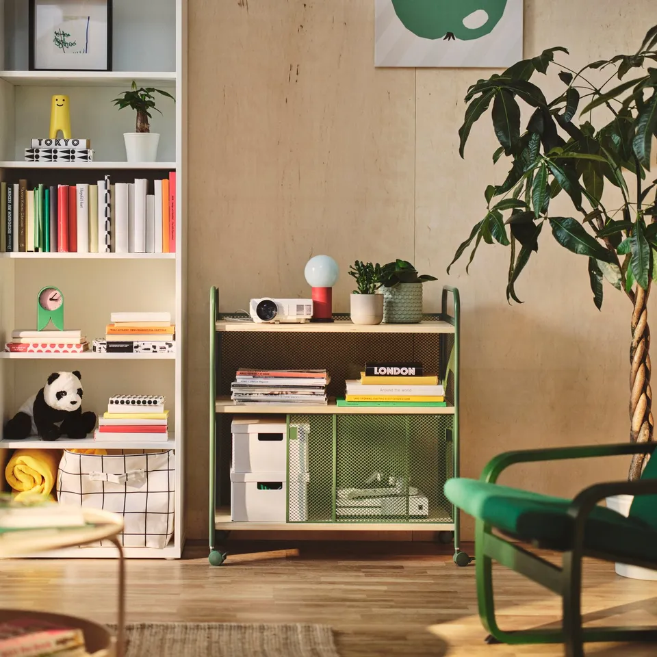 NÅLMAKARE Cabinet on castors, dark green/metal, 79x44x88 cm