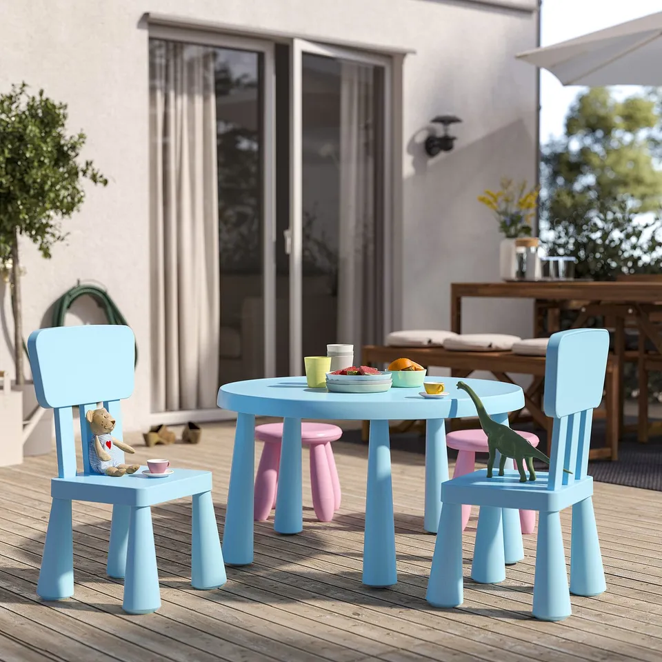 Kids blue outdoor play set with table, 4 chairs, teddy bear, dinosaur. Lightweight, water-resistant polypropylene.