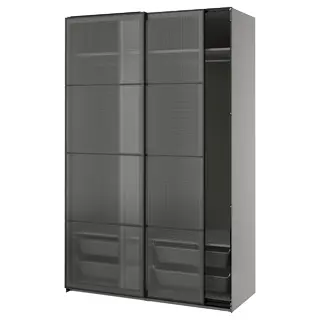 PAX / LUNDBRÄSMA wardrobe with sliding doors, dark grey black/checkered glass, 150x66x236 cm