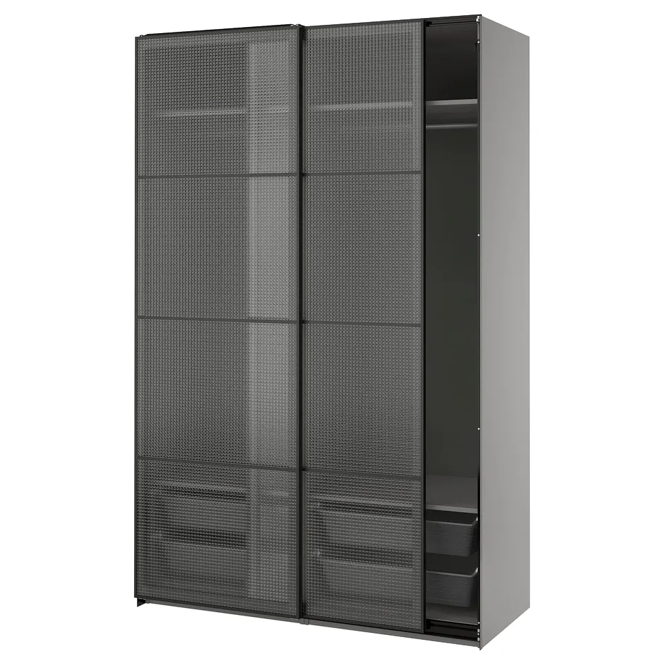 PAX / LUNDBRÄSMA Wardrobe with sliding doors, dark grey black/checkered glass, 150x66x236 cm