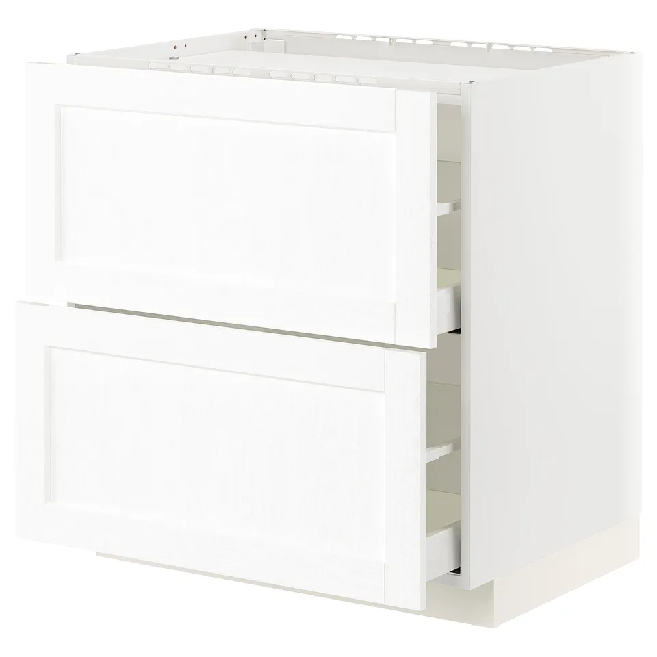 White kitchen cabinet, modern design, with two doors and drawers, containing shelves inside.