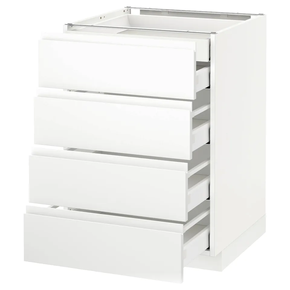 The METOD is a modern, minimalist kitchen unit in white with four smooth, self-closing drawers and a sleek design.
