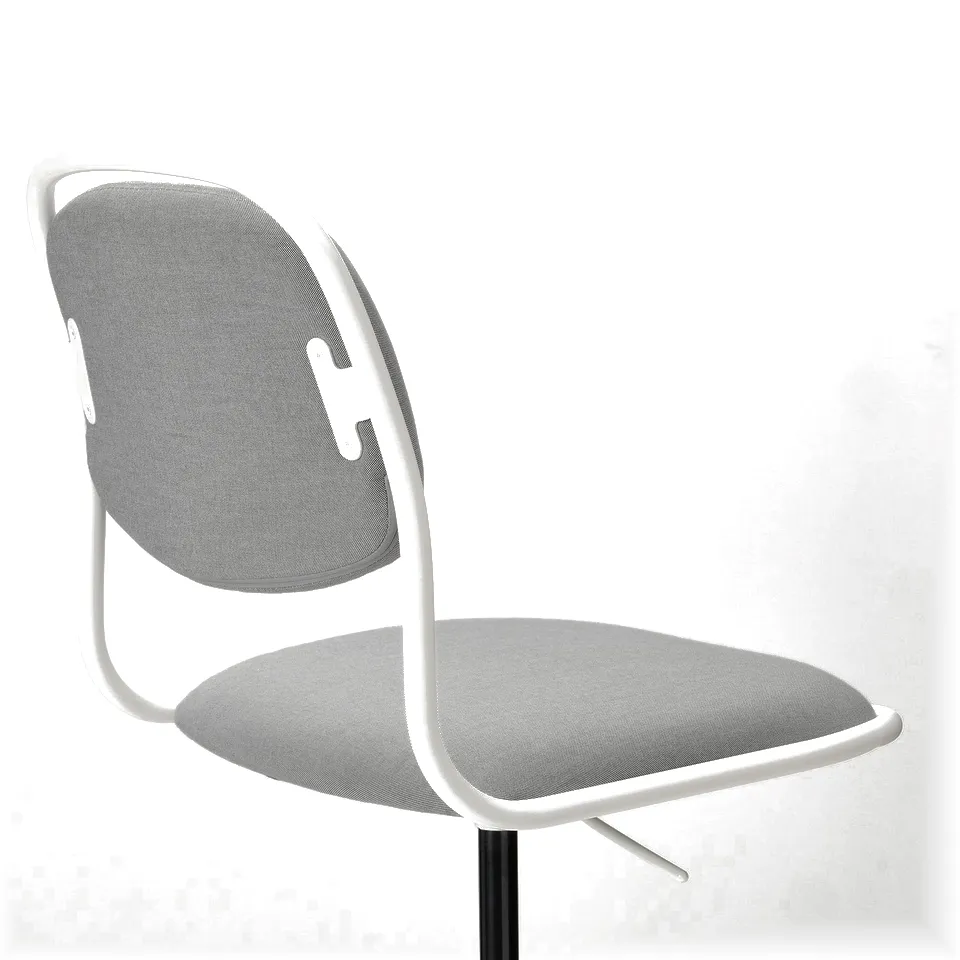 Modern office chair, sleek white frame, grey fabric, ergonomic back & seat, castor wheels.