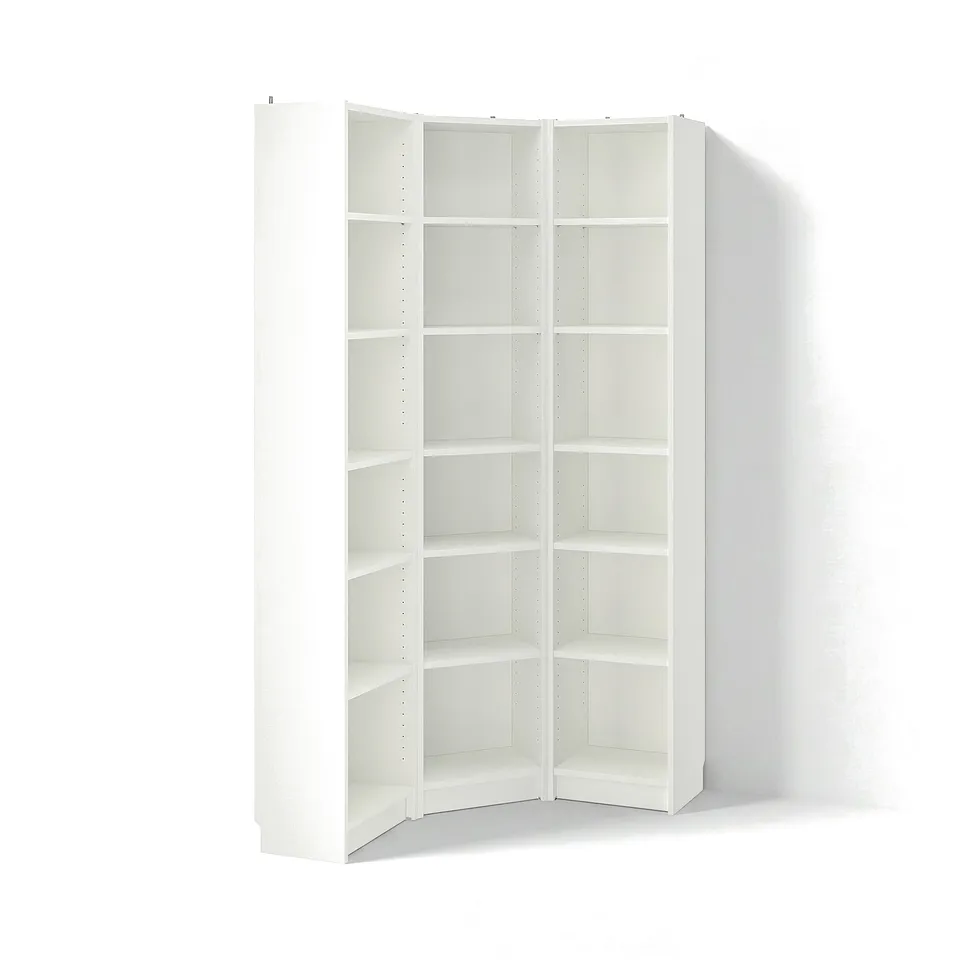 White BILLY corner bookcase, modern design, adjustable shelves.