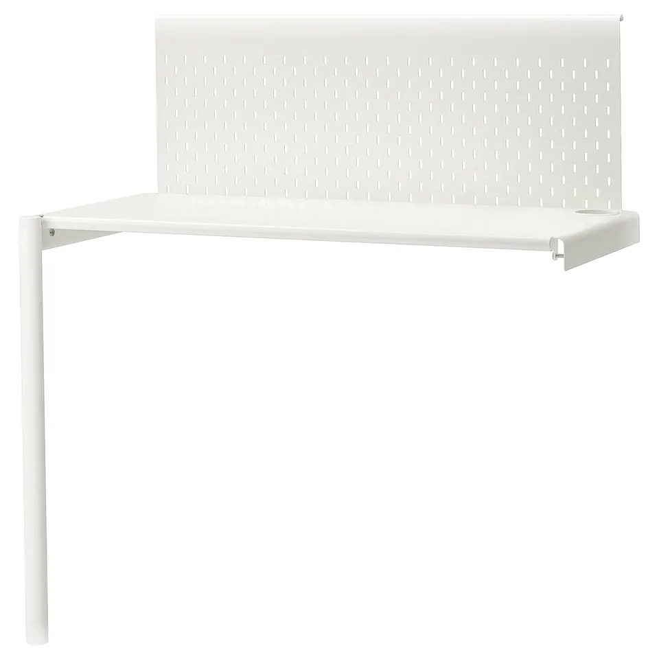 White ikea VITVAL desk with metal pegboard, flat surface, single leg, cable management, pen holder