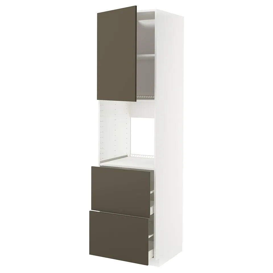 White METOD kitchen unit with brown havstorp drawers, modern design, adjustable shelves, 25-year guarantee.