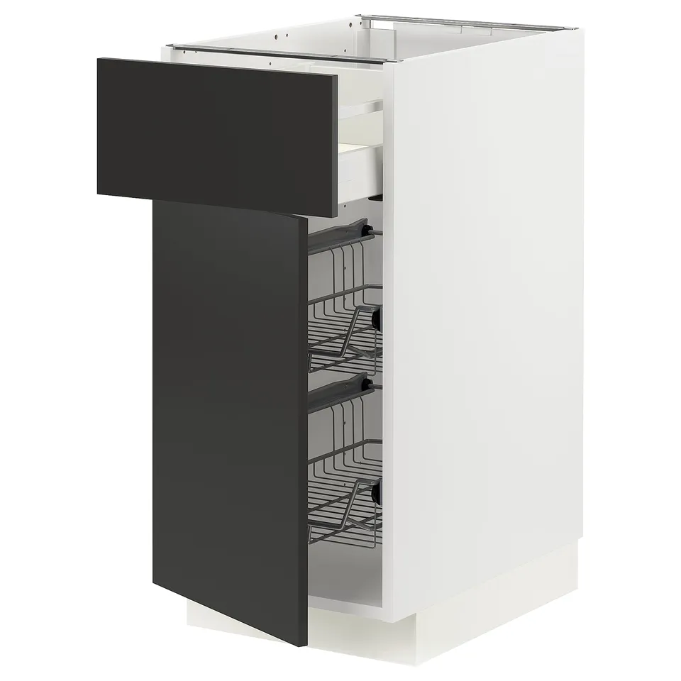 Modern white METOD kitchen cabinet with black handles, multiple shelves, sleek design.
