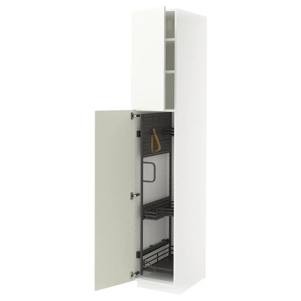 METOD white kitchen cabinet with pull-out storage, open door revealing organised interior.