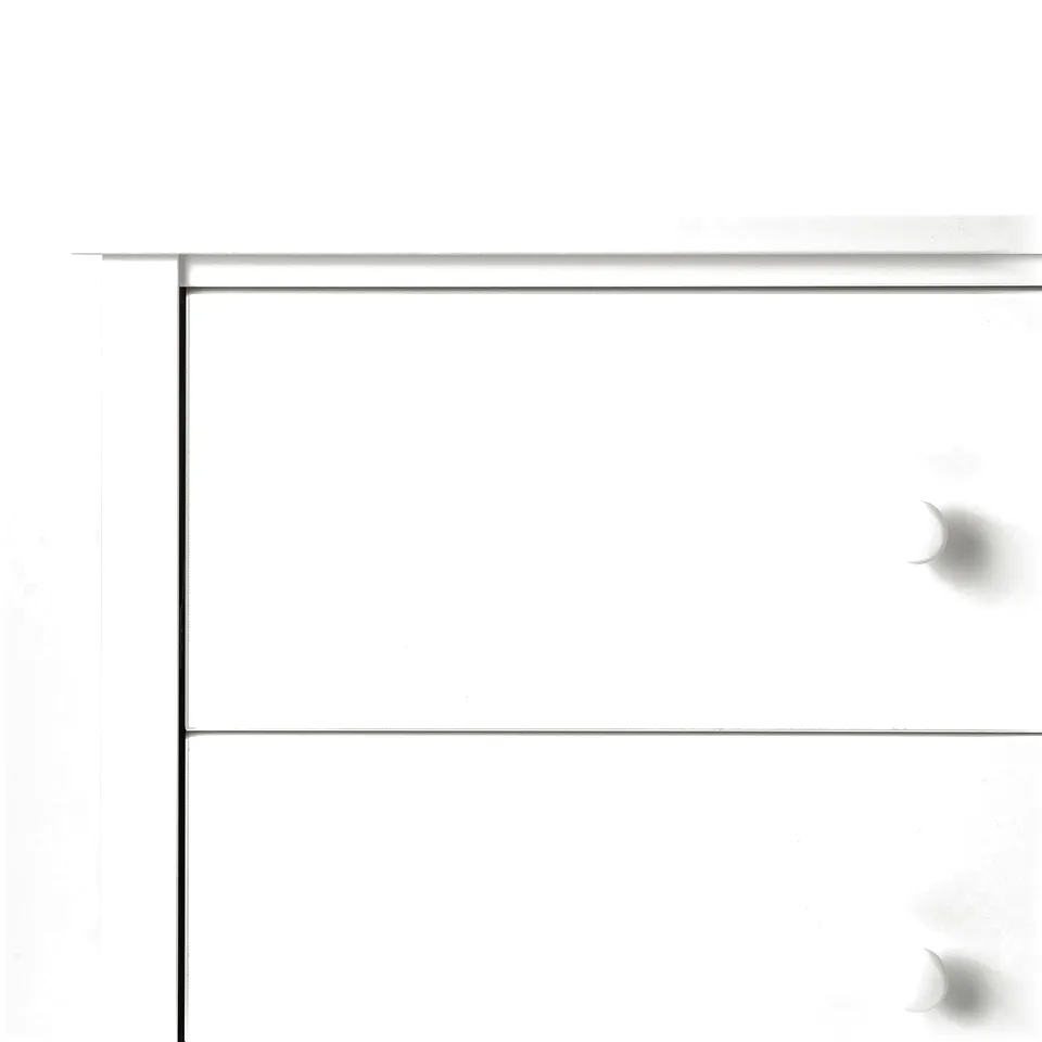 White chest of drawers with clean, smooth surfaces and round knobs, part of KILBERGET series known for safety.