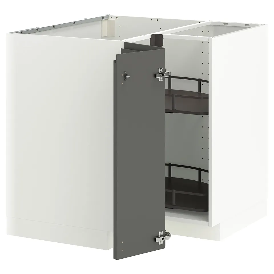A modern white and grey kitchen cabinet set with a corner base carousel for storage.