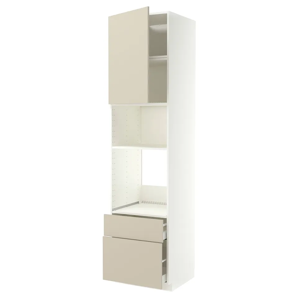 An IKEA METOD kitchen unit in beige with shelves and drawers. Its a tall, rectangular structure with a smooth finish and modern design.