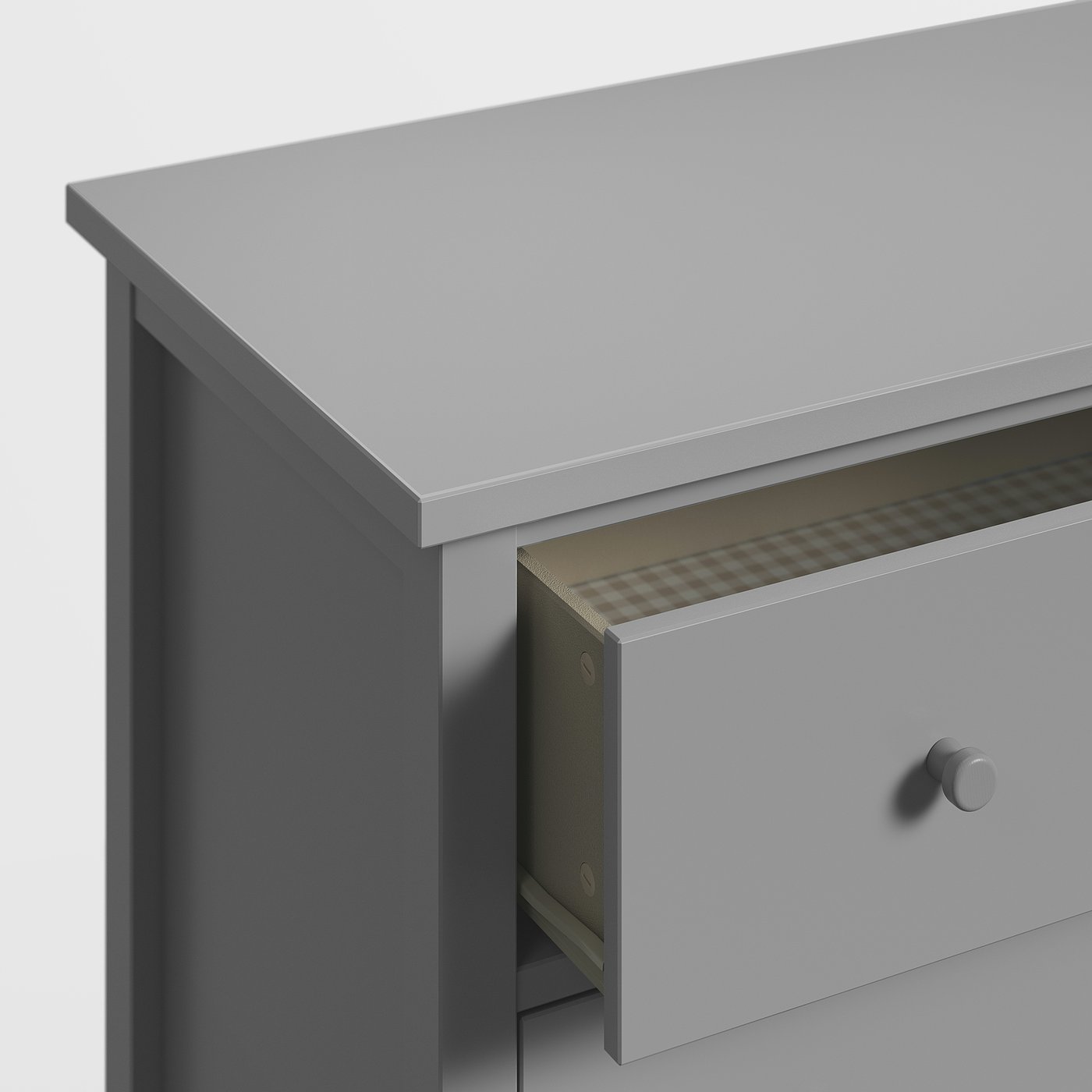 GULLABERG grey chest, smooth drawers, round knobs, sturdy wooden style.