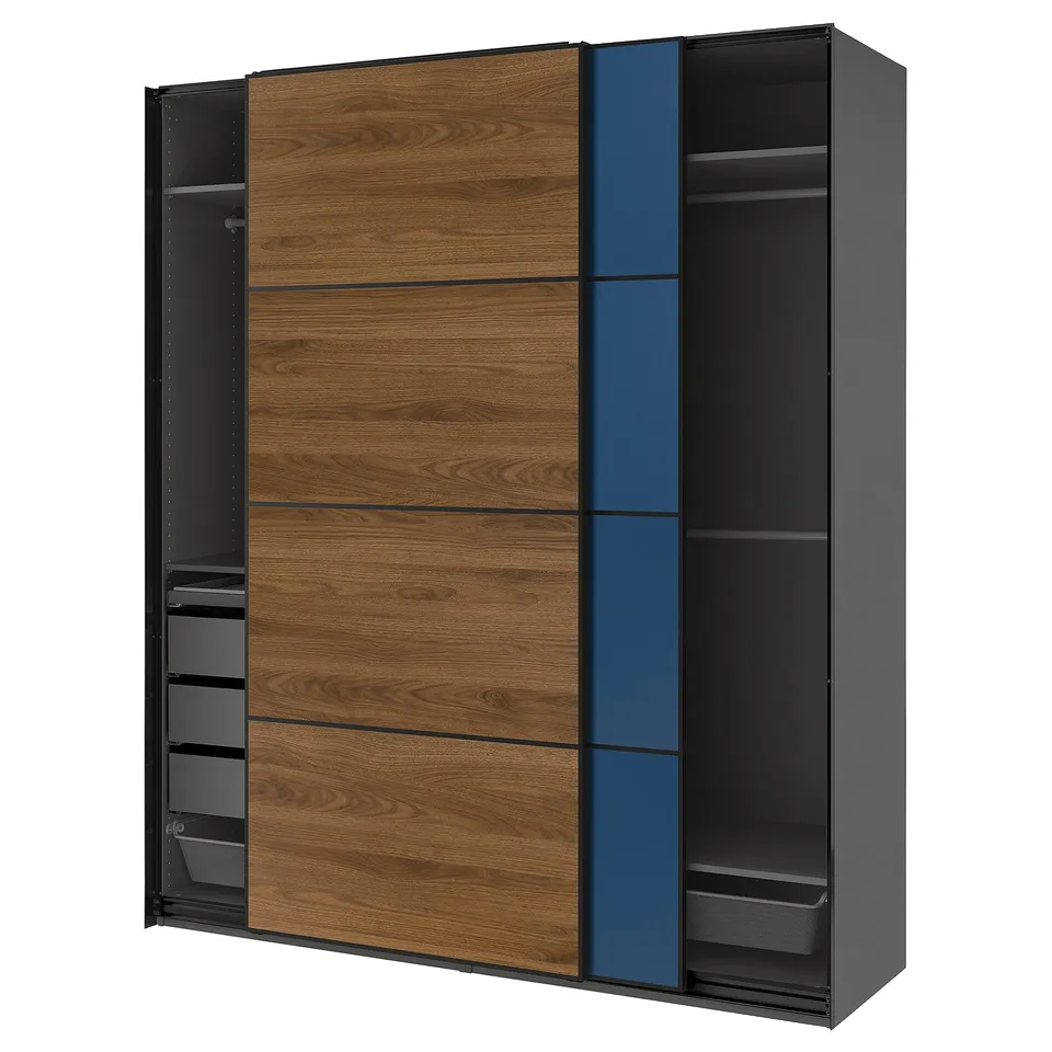 PAX / MEHAMN/AULI Wardrobe with sliding doors, dark grey black/double sided walnut, 200x66x236 cm