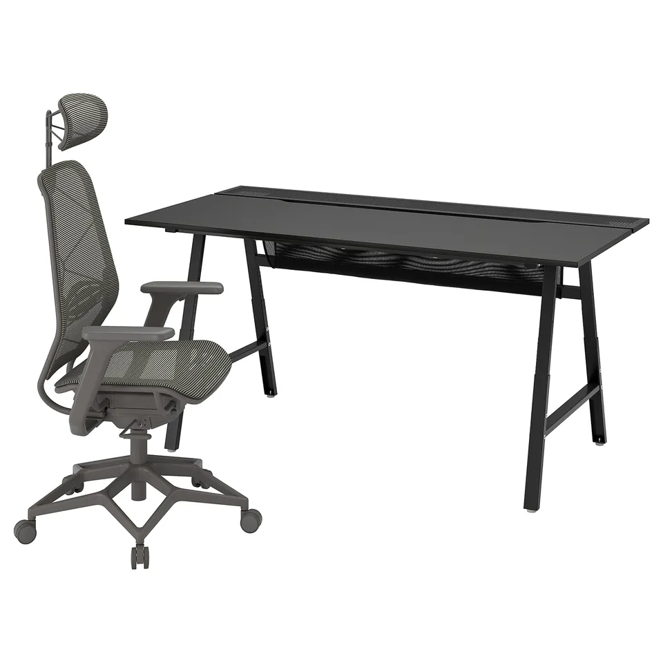 Black desk and chair set, featuring a mesh back and seat, perfect for gaming or studying.