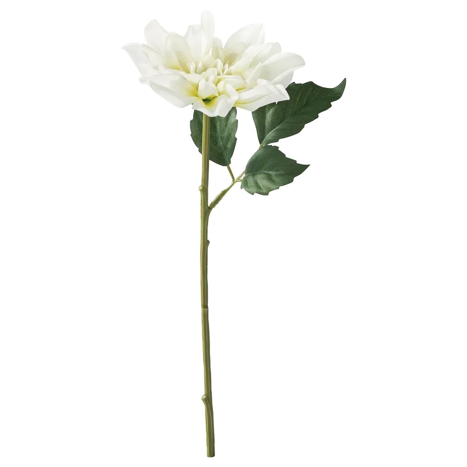 White artificial dahlia with green leaves, made from recycled plastic for indoor/outdoor use.