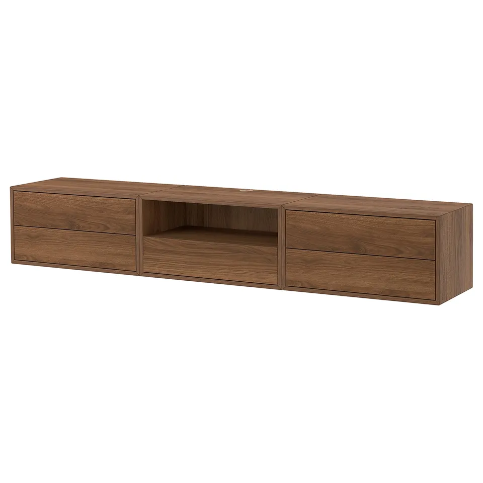 Brown EKET wall storage unit with shelves and drawers.
