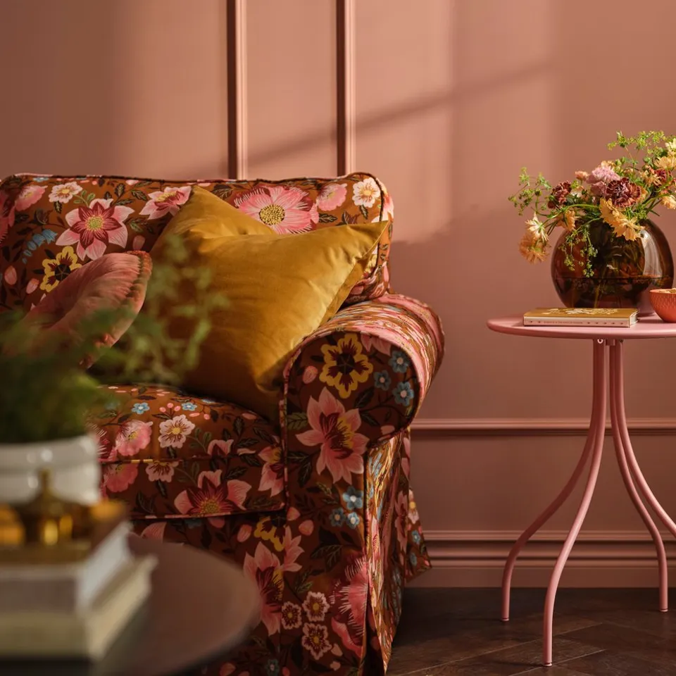EKTORP 3-seat sofa with chaise longue, Mångbyn brown/multicolour