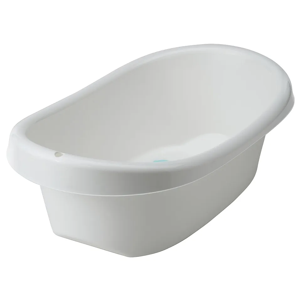 White plastic baby bathtub with soft edges, anti-slip bottom, and hanging hole.
