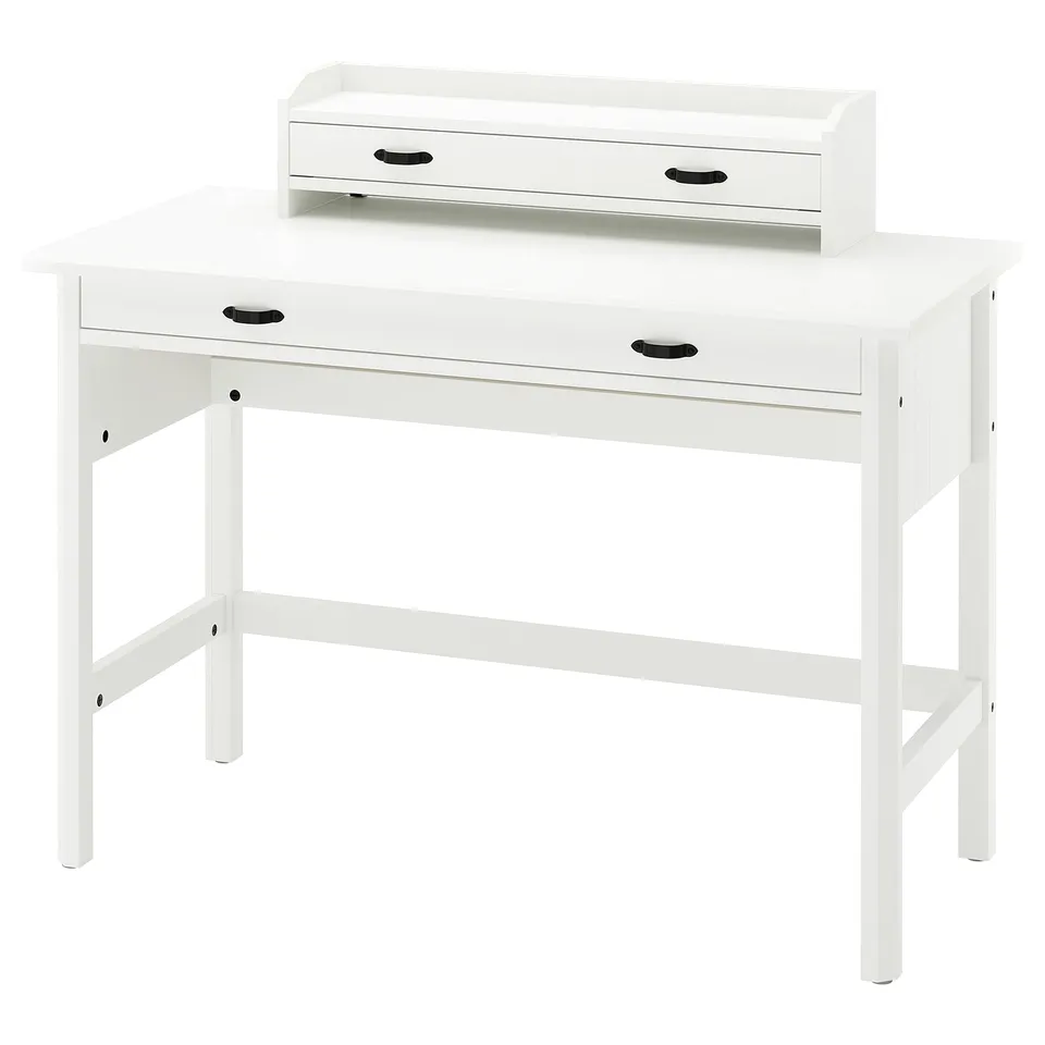A white BRYTNING desk with a sleek design and additional storage unit.