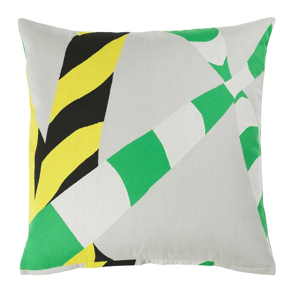 KONSTRUNDA pillow, square, white with green, yellow, and black abstract shapes, 100% cotton.