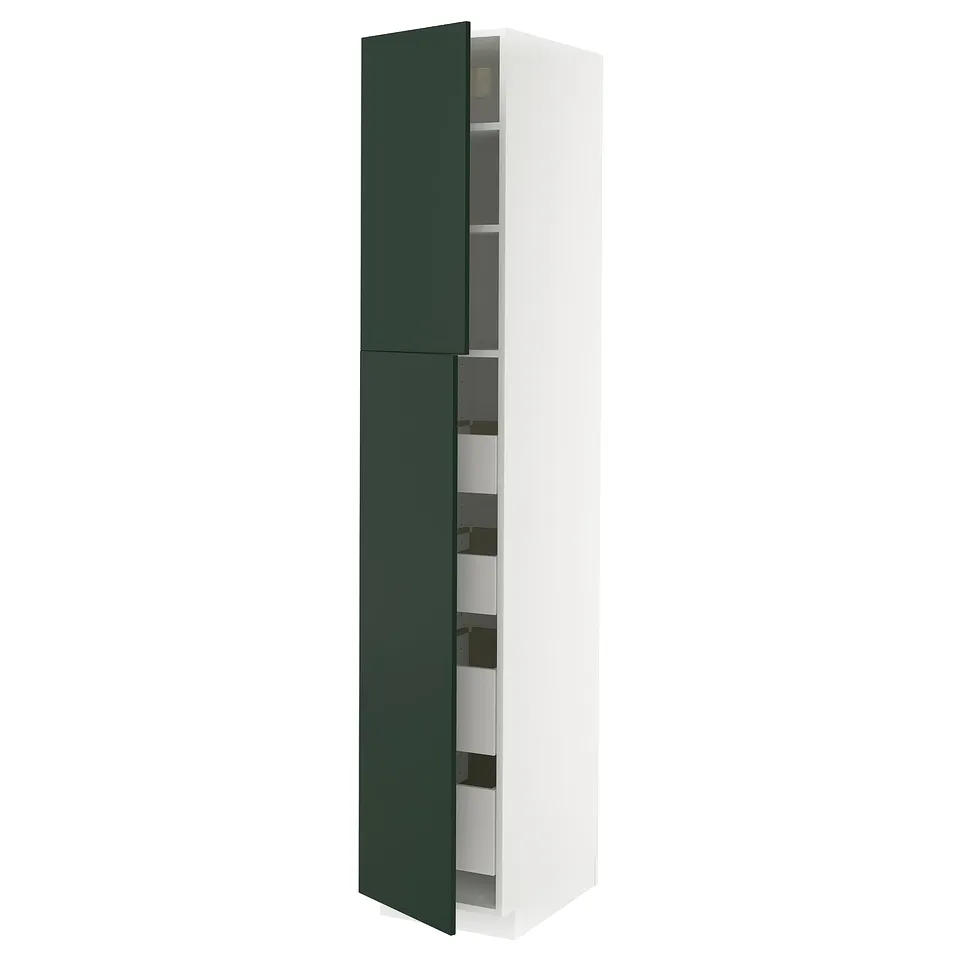 White METOD kitchen cabinet with dark green doors and multiple shelves.