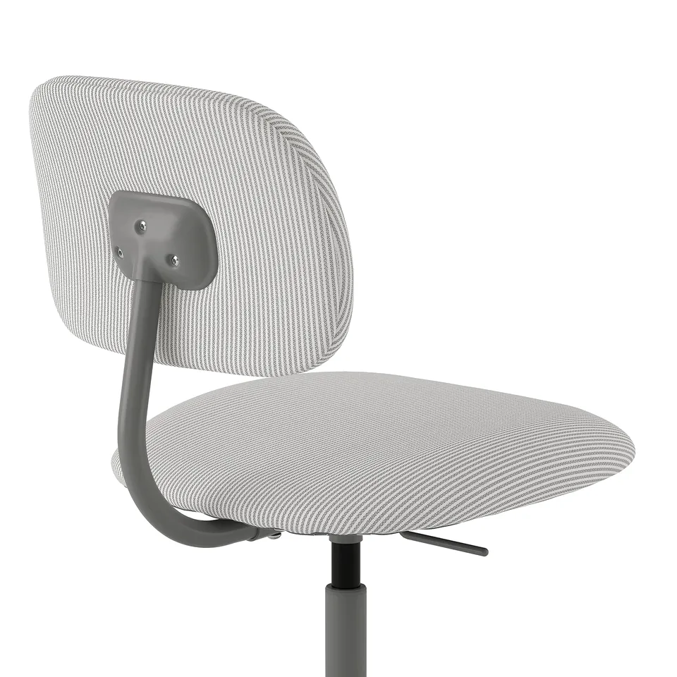 Modern office chair with light grey textured fabric, curved metal back support, and adjustable height.