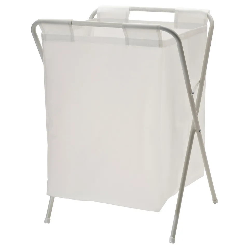 A white JÄLL laundry basket with a metal frame for easy transport and storage.