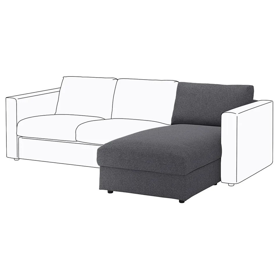 The VIMLE sofa is a modular, grey, l-shaped sectional with a storage chaise, featuring durable, washable fabric.