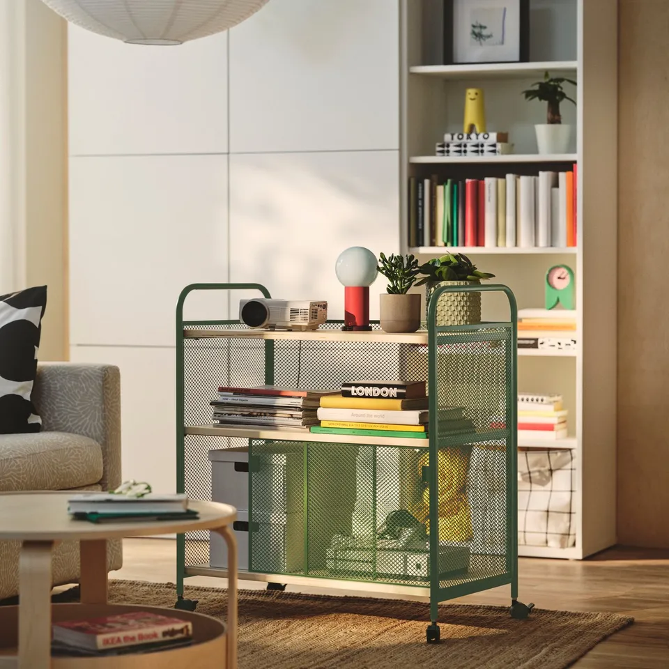 NÅLMAKARE Cabinet on castors, dark green/metal, 79x44x88 cm